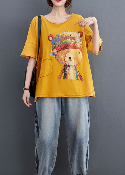 Boutique Gelb Print Baumwolle Bluse Tops Halbarm