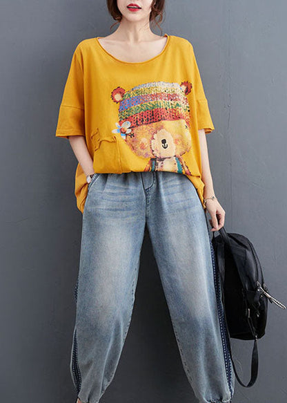 Boutique Gelb Print Baumwolle Bluse Tops Halbarm