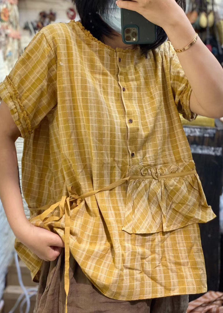 Boutique Gelbes, lockeres, kariertes Leinenhemd mit Rüschen, kurzärmelig