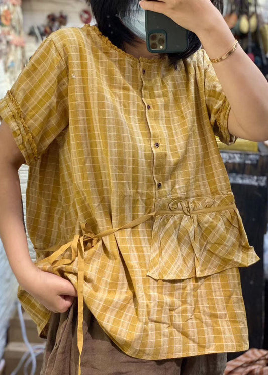 Boutique Gelbes, lockeres, kariertes Leinenhemd mit Rüschen, kurzärmelig