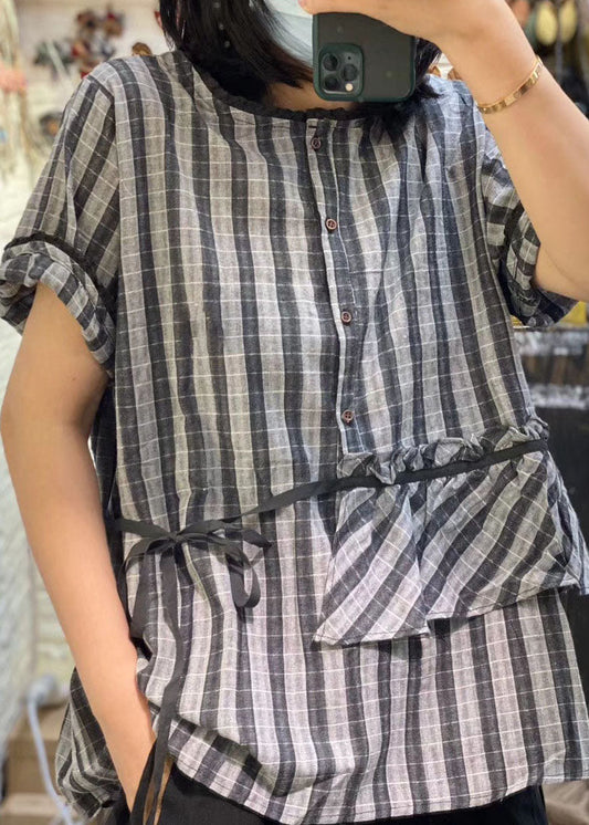 Boutique Gelbes, lockeres, kariertes Leinenhemd mit Rüschen, kurzärmelig