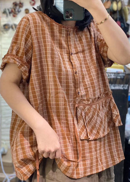 Boutique Gelbes, lockeres, kariertes Leinenhemd mit Rüschen, kurzärmelig