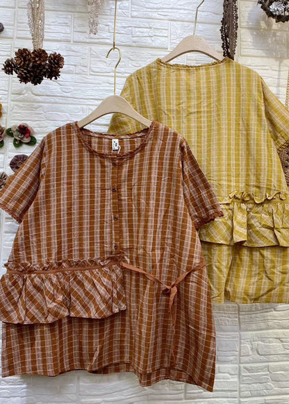 Boutique Gelbes, lockeres, kariertes Leinenhemd mit Rüschen, kurzärmelig