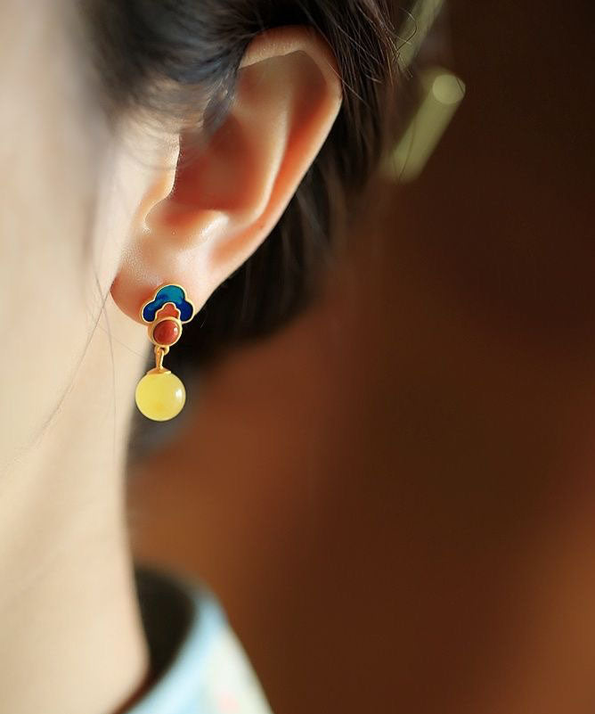 Boutique Gelb Sterling Silber Overgild Bienenwachs Achat Emaille Glücksbringer Wolke Tropfen Ohrringe