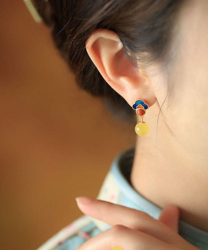 Boutique Gelb Sterling Silber Overgild Bienenwachs Achat Emaille Glücksbringer Wolke Tropfen Ohrringe