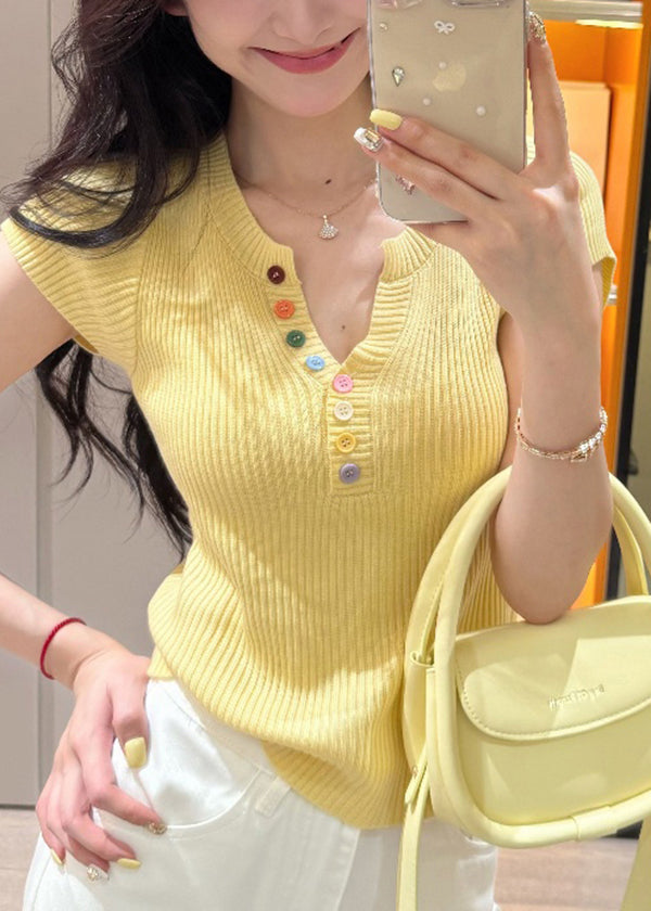 Boutique Yellow V Neck Button Knit Top Summer
