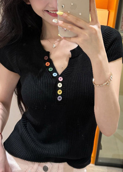 Boutique Yellow V Neck Button Knit Top Summer