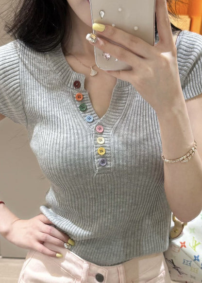 Boutique Yellow V Neck Button Knit Top Summer