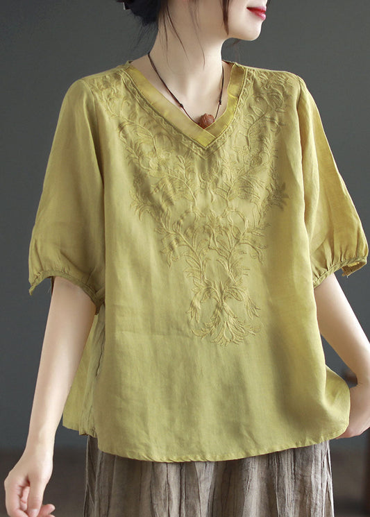 Camiseta de lino con cuello en V bordado y patchwork amarillo de Boutique para verano