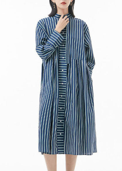 Boutique schwärzlich Grün Stehkragen faltig Gestreiften hemd Kleid Frühling