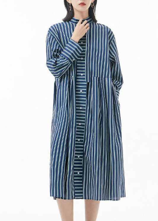 Boutique schwärzlich Grün Stehkragen faltig Gestreiften hemd Kleid Frühling