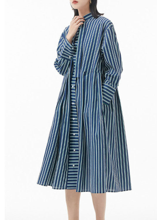 Boutique schwärzlich Grün Stehkragen faltig Gestreiften hemd Kleid Frühling