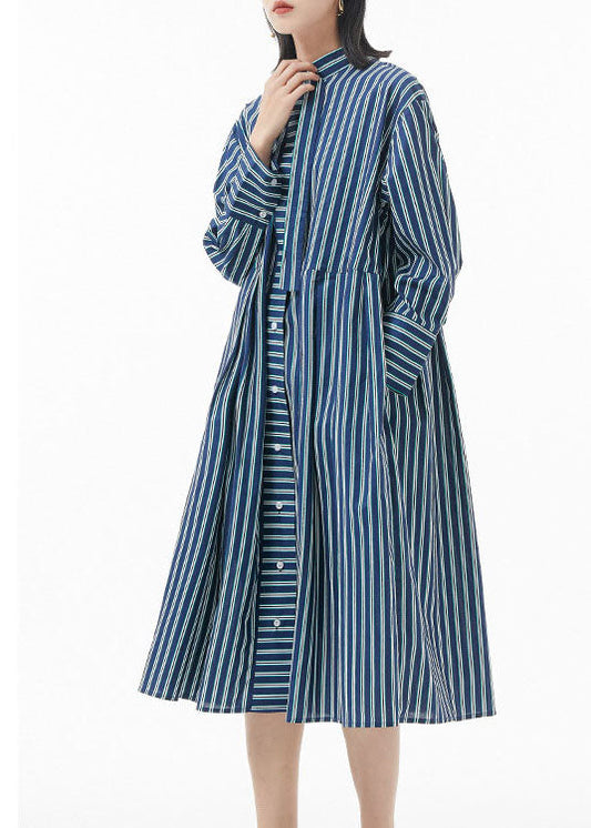 Boutique schwärzlich Grün Stehkragen faltig Gestreiften hemd Kleid Frühling