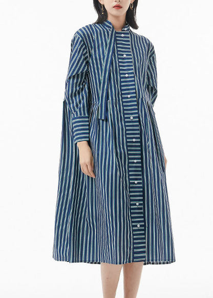 Boutique schwärzlich Grün Stehkragen faltig Gestreiften hemd Kleid Frühling