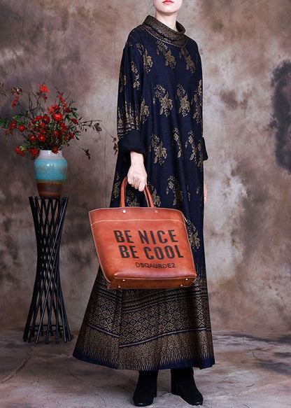 Boutique dunkelblaues Print-Urlaubskleid Frühling