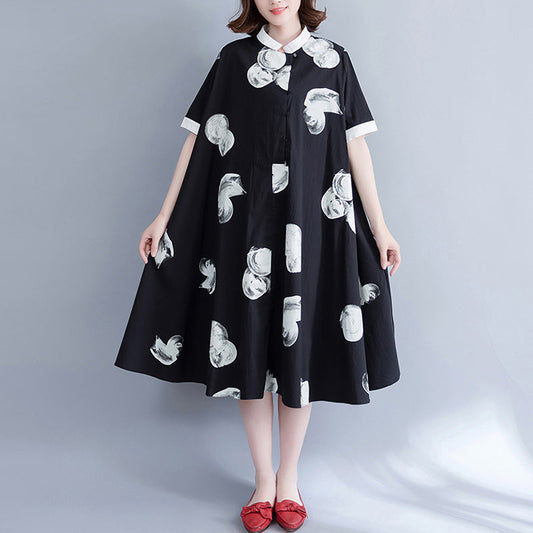 Markenkleidung Plus Size Longshirt Tops Schwarz Weiß Bedruckte Baumwollblusen