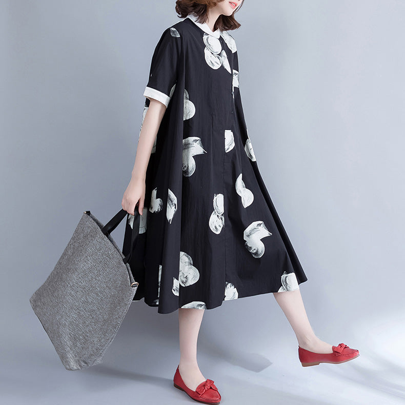 Markenkleidung Plus Size Longshirt Tops Schwarz Weiß Bedruckte Baumwollblusen