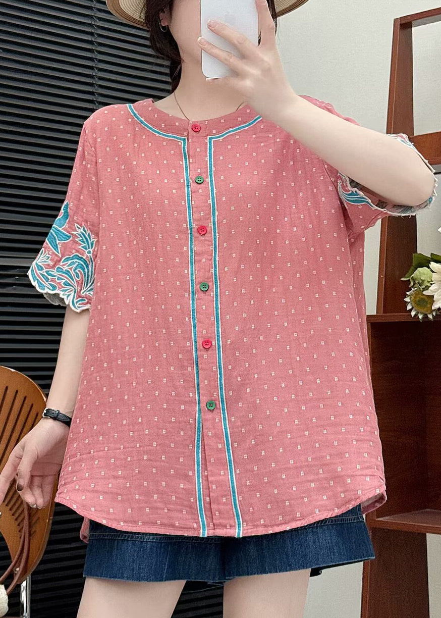 Brick Red Cotton Shirt Tops Embroidered Summer