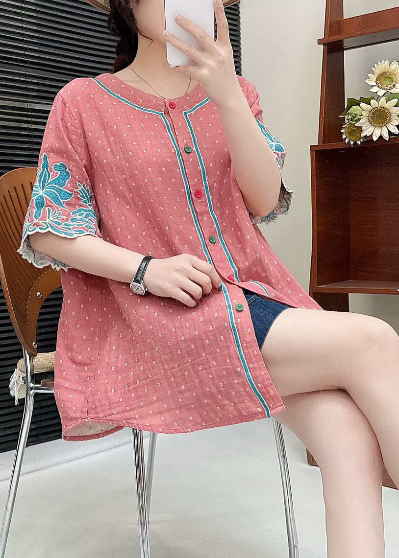Brick Red Cotton Shirt Tops Embroidered Summer