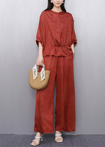 Brick Red Draping Silk Two Pieces Set Oversized Wrinkled Summer