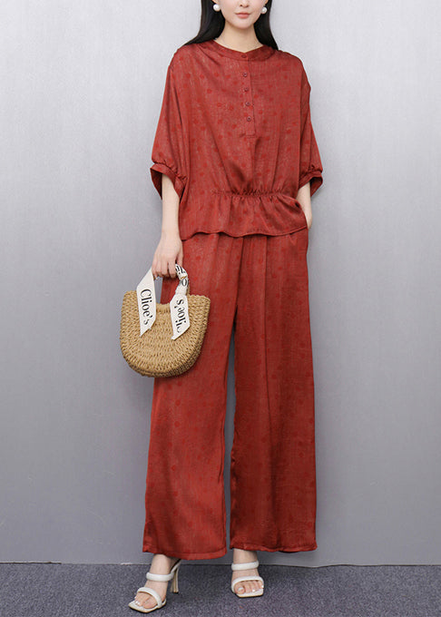 Brick Red Draping Silk Two Pieces Set Oversized Wrinkled Summer