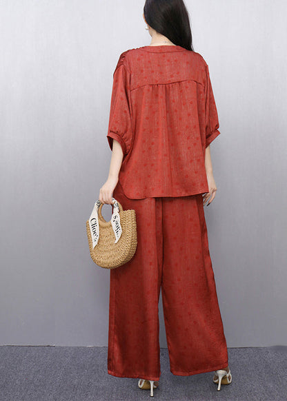Brick Red Draping Silk Two Pieces Set Oversized Wrinkled Summer