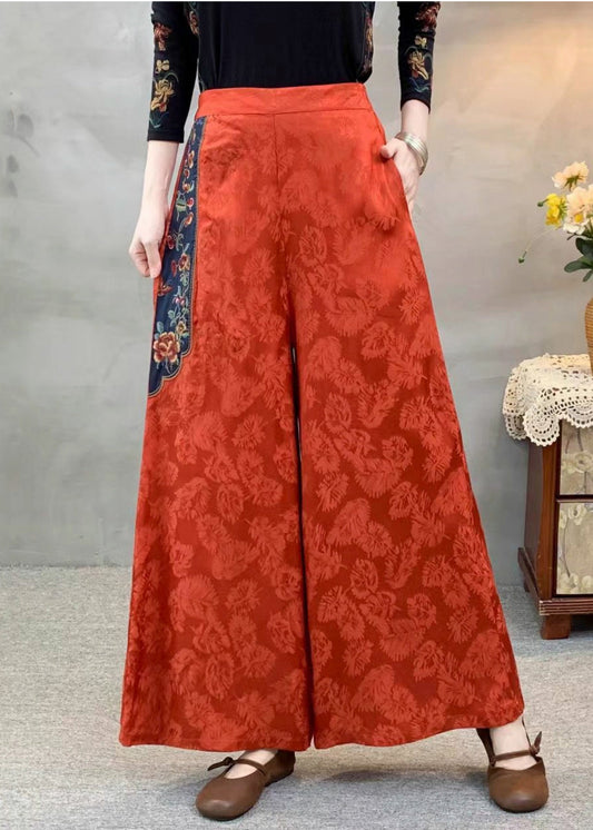 Brick Red Jacquard Silk Wide Leg Pants Embroidered Spring