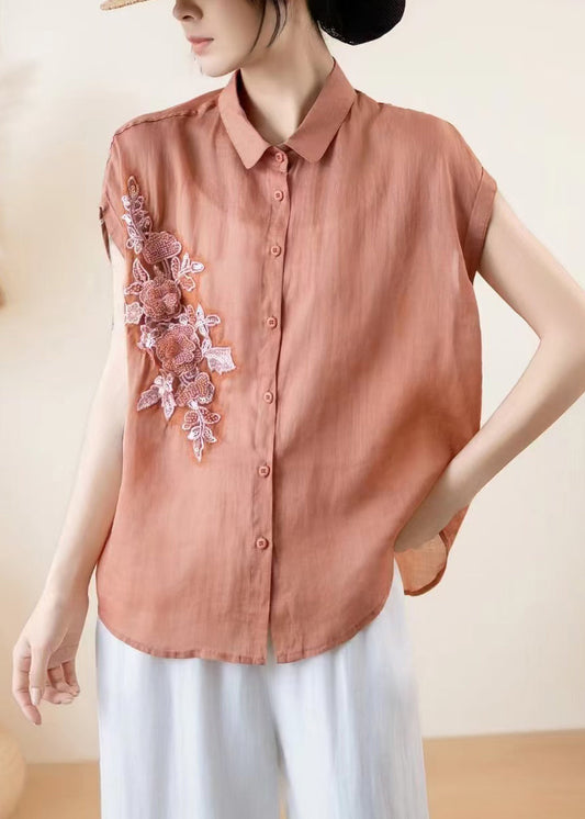 Brick Red Linen Loose Shirts Embroidered Summer