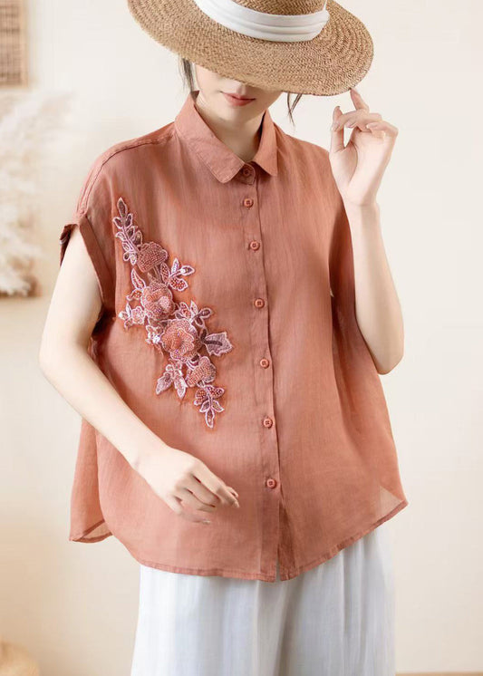 Brick Red Linen Loose Shirts Embroidered Summer