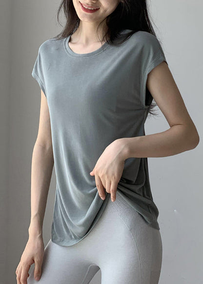 Brief Blackish Green O-Neck Wrinkled Solid Short Sleeve Yoga Top