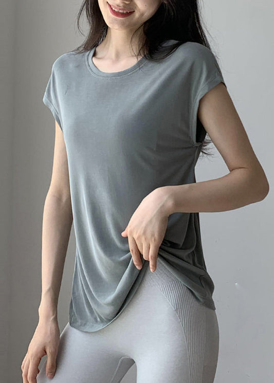 Brief Blackish Green O-Neck Wrinkled Solid Short Sleeve Yoga Top