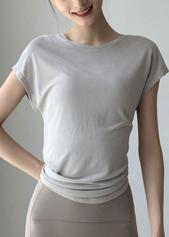 Brief Blackish Green O-Neck Wrinkled Solid Short Sleeve Yoga Top