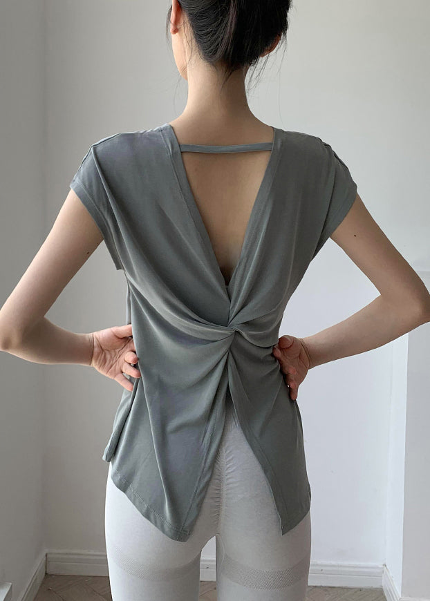 Brief Blackish Green O-Neck Wrinkled Solid Short Sleeve Yoga Top