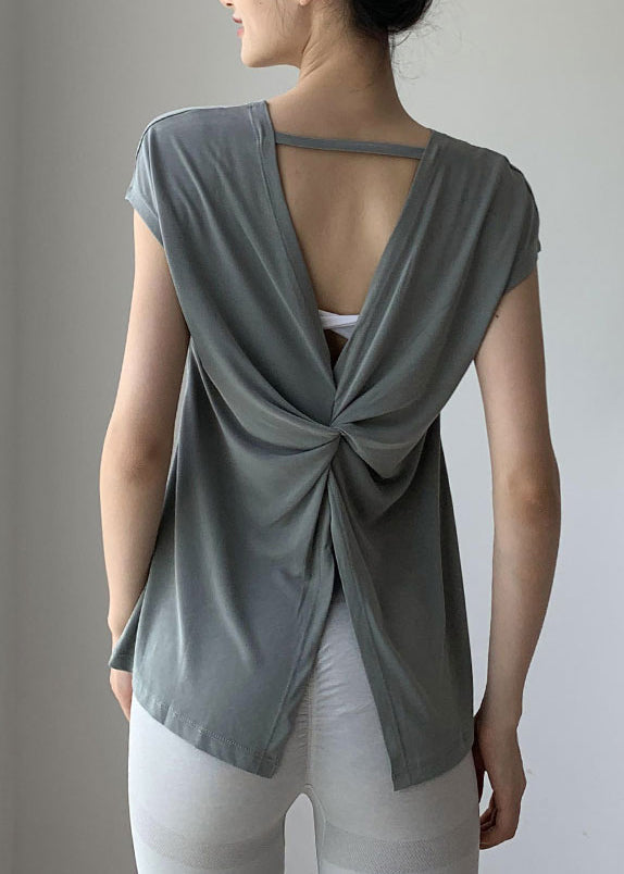 Brief Blackish Green O-Neck Wrinkled Solid Short Sleeve Yoga Top