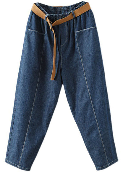 Kurze blaue Haremshose mit elastischem Bund und Taschen