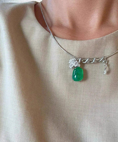 Brief Green Stainless Steel Inlaid Zircon Jade Pendant Necklace