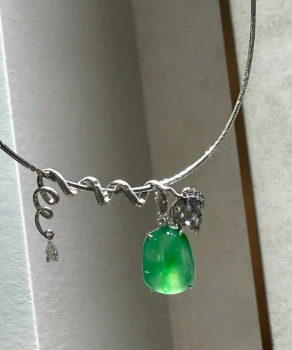 Brief Green Stainless Steel Inlaid Zircon Jade Pendant Necklace