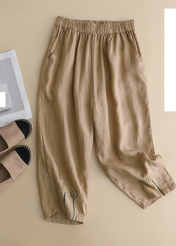 Pantalones Harem de Lino Liso de Cintura Alta con Bordado Caqui de Verano