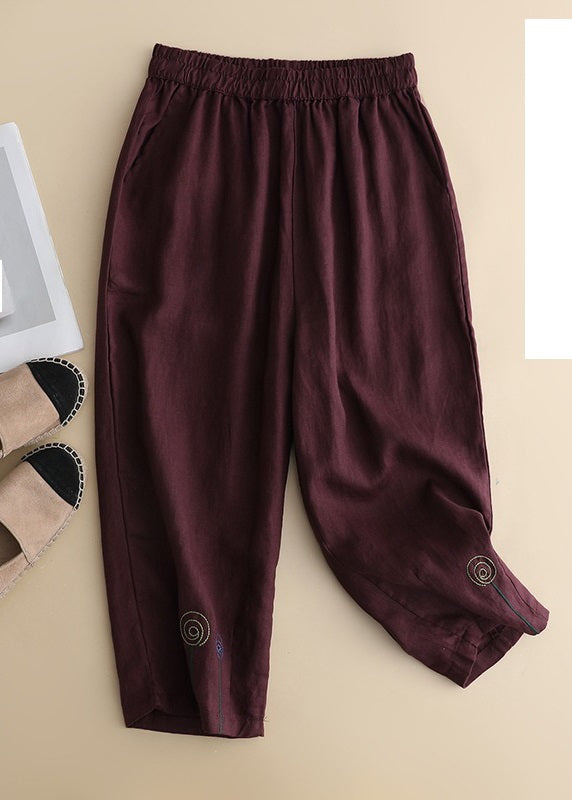 Pantalones Harem de Lino Liso de Cintura Alta con Bordado Caqui de Verano
