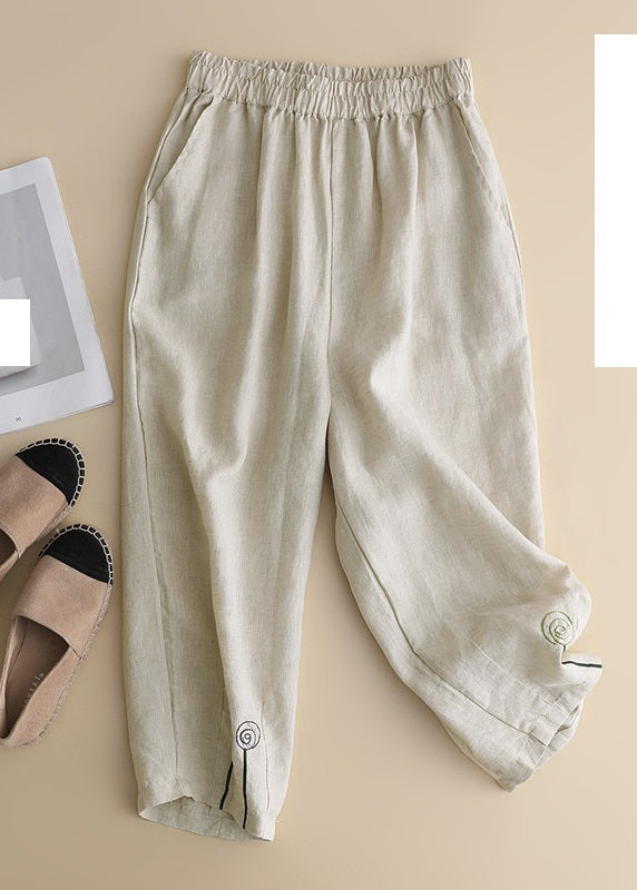Pantalones Harem de Lino Liso de Cintura Alta con Bordado Caqui de Verano