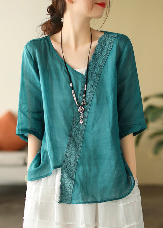 Kurzes Mulberry V-Ausschnitt bestickte Spitze Patchwork solide Leinen Top Kurzarm