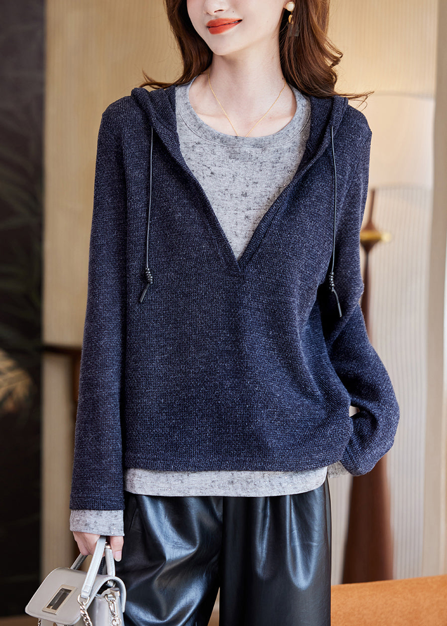 Brief Navy Blue Drawstring Patchwork Knit Cotton Hooded Top Fall