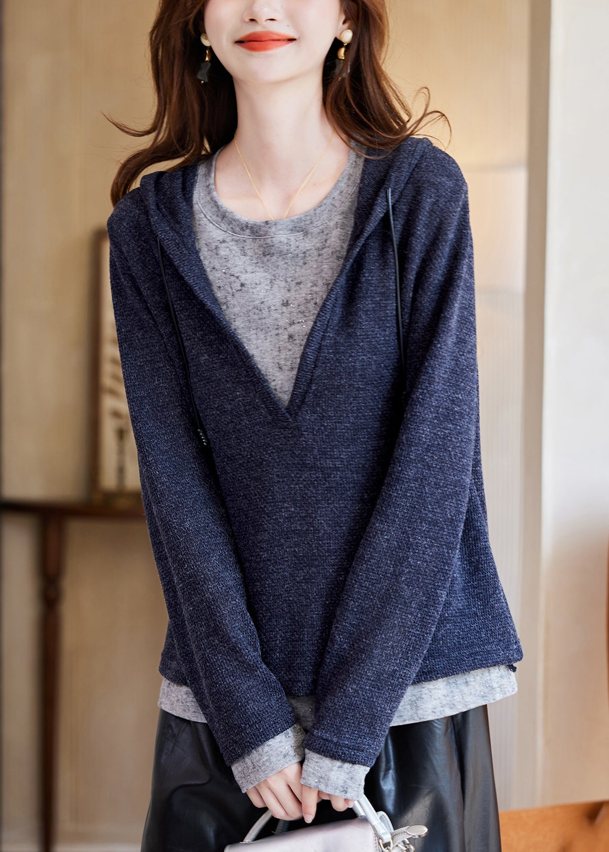 Brief Navy Blue Drawstring Patchwork Knit Cotton Hooded Top Fall