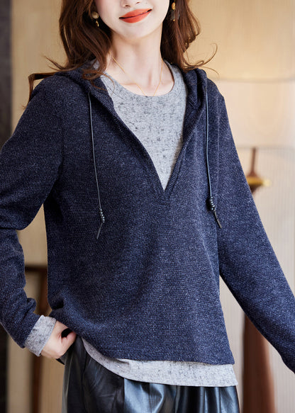 Brief Navy Blue Drawstring Patchwork Knit Cotton Hooded Top Fall