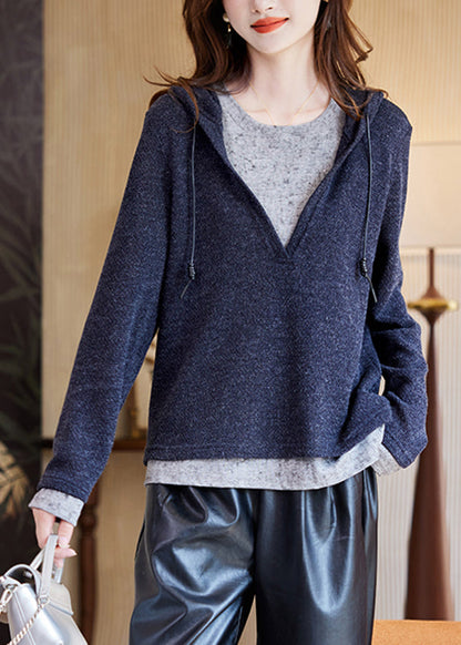 Brief Navy Blue Drawstring Patchwork Knit Cotton Hooded Top Fall