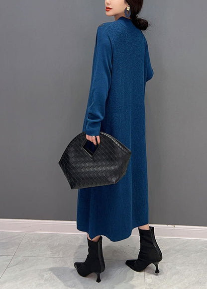 Kurzes Marineblaues O-Ausschnitt Zirkon Extra großer Saum Strick Langes Kleid Winter