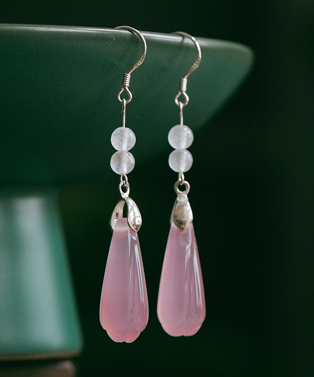 Pendientes colgantes con flor de magnolia y calcedonia rosa en plata de ley