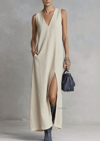 Brief Ramie V Neck Pockets Patchwork Solid Maxi Dresses Summer