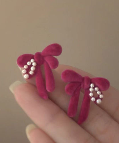 Brief Raspberry Color Alloy Pearl Flockin Butterfly Stud Earrings