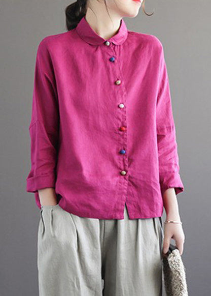 Camisas de lino lisas con cuello Peter Pan y manga larga de color rosa